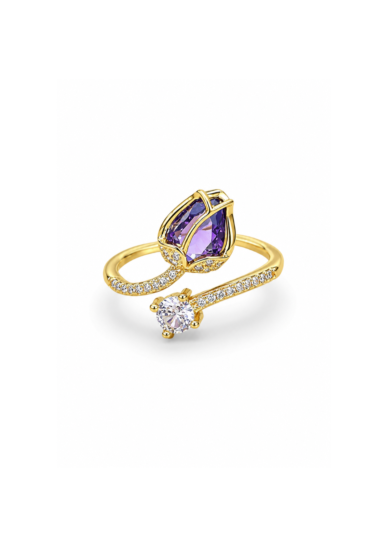 Anillo tulipán con zirconias ajustable chapa de oro