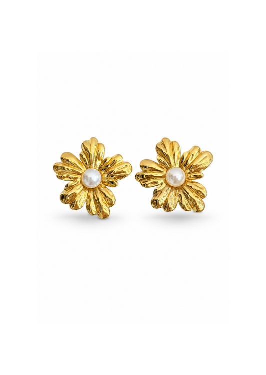 Aretes margarita con perlas chicos acero inoxidable