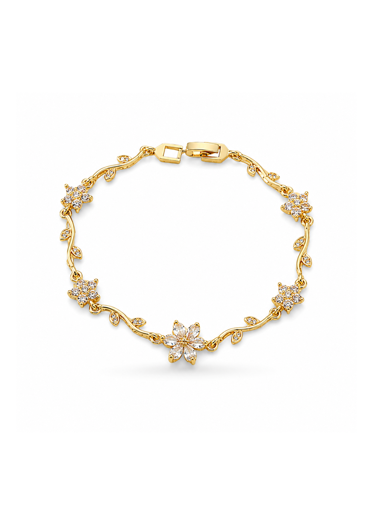 Pulsera de eslabones floral con zirconias chapa de oro 18k