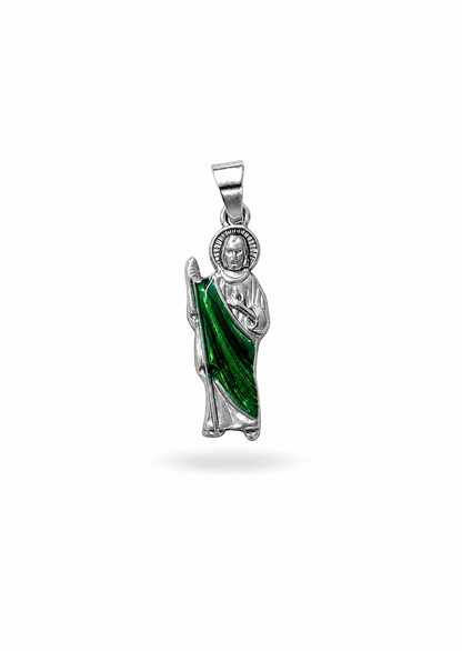 Dije San Judas Tadeo color plata & verde acero inoxidable