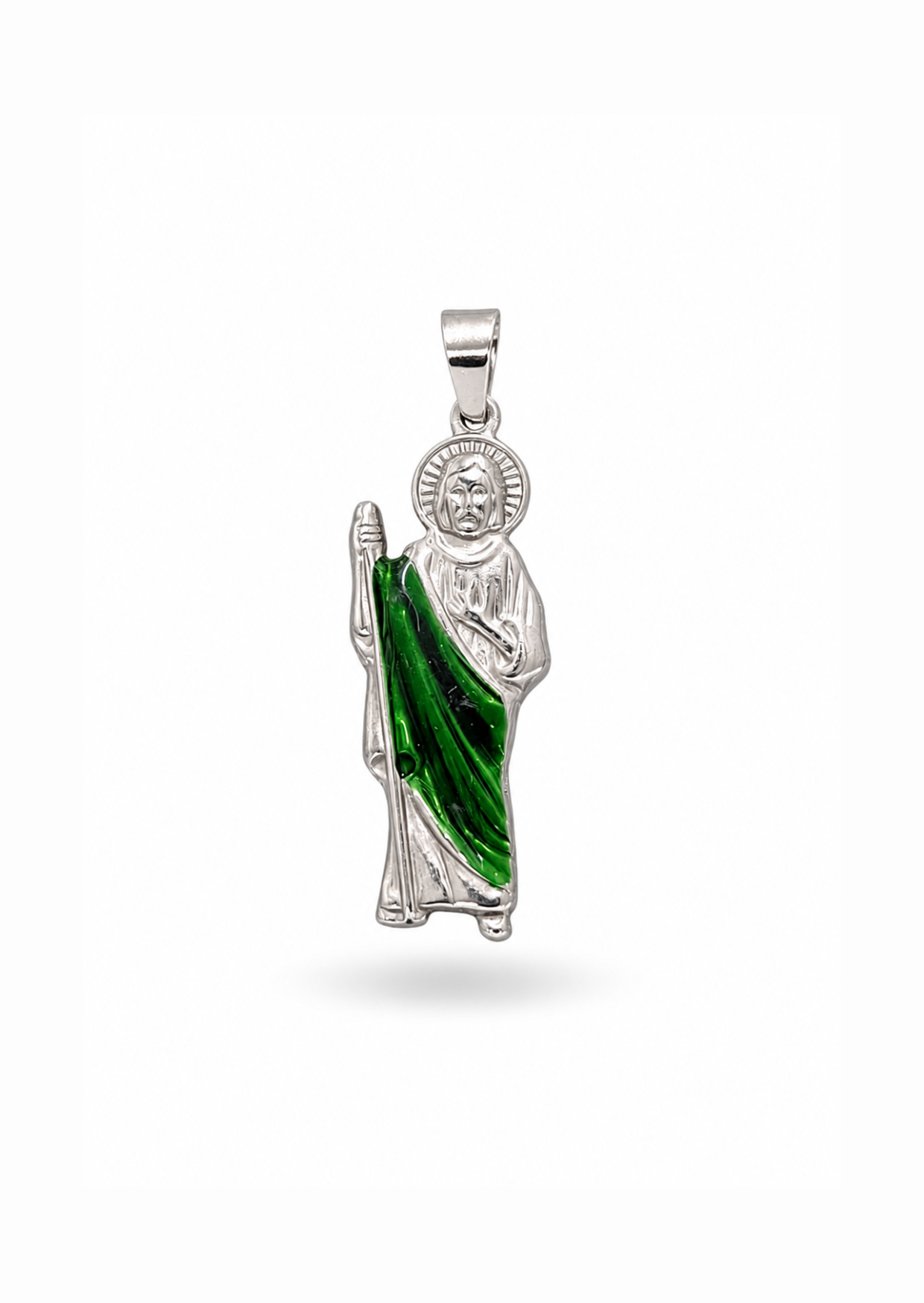 Dije San Judas Tadeo color plata & verde acero inoxidable