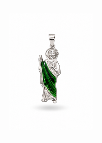 Dije San Judas Tadeo color plata & verde acero inoxidable