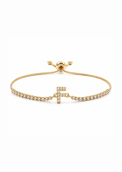 Pulseras ajustables con inicial tipo tenis chapa de oro