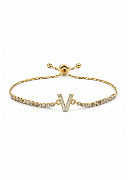Pulseras ajustables con inicial tipo tenis chapa de oro