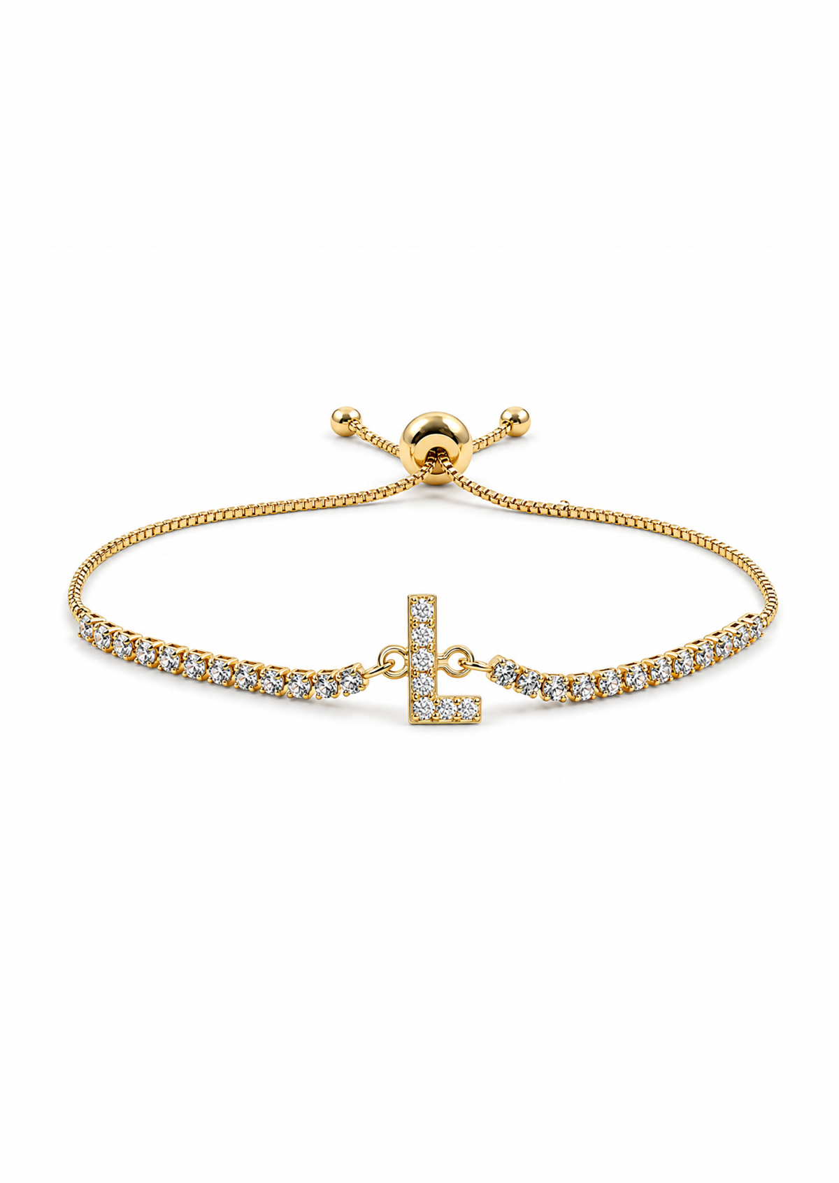 Pulseras ajustables con inicial tipo tenis chapa de oro