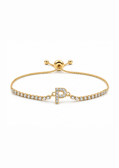 Pulseras ajustables con inicial tipo tenis chapa de oro