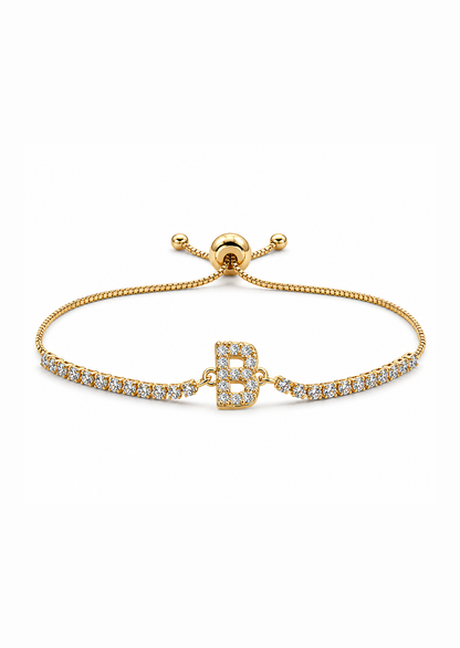 Pulseras ajustables con inicial tipo tenis chapa de oro