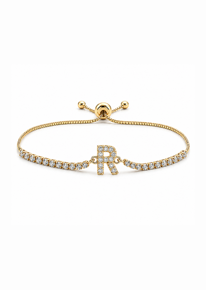 Pulseras ajustables con inicial tipo tenis chapa de oro