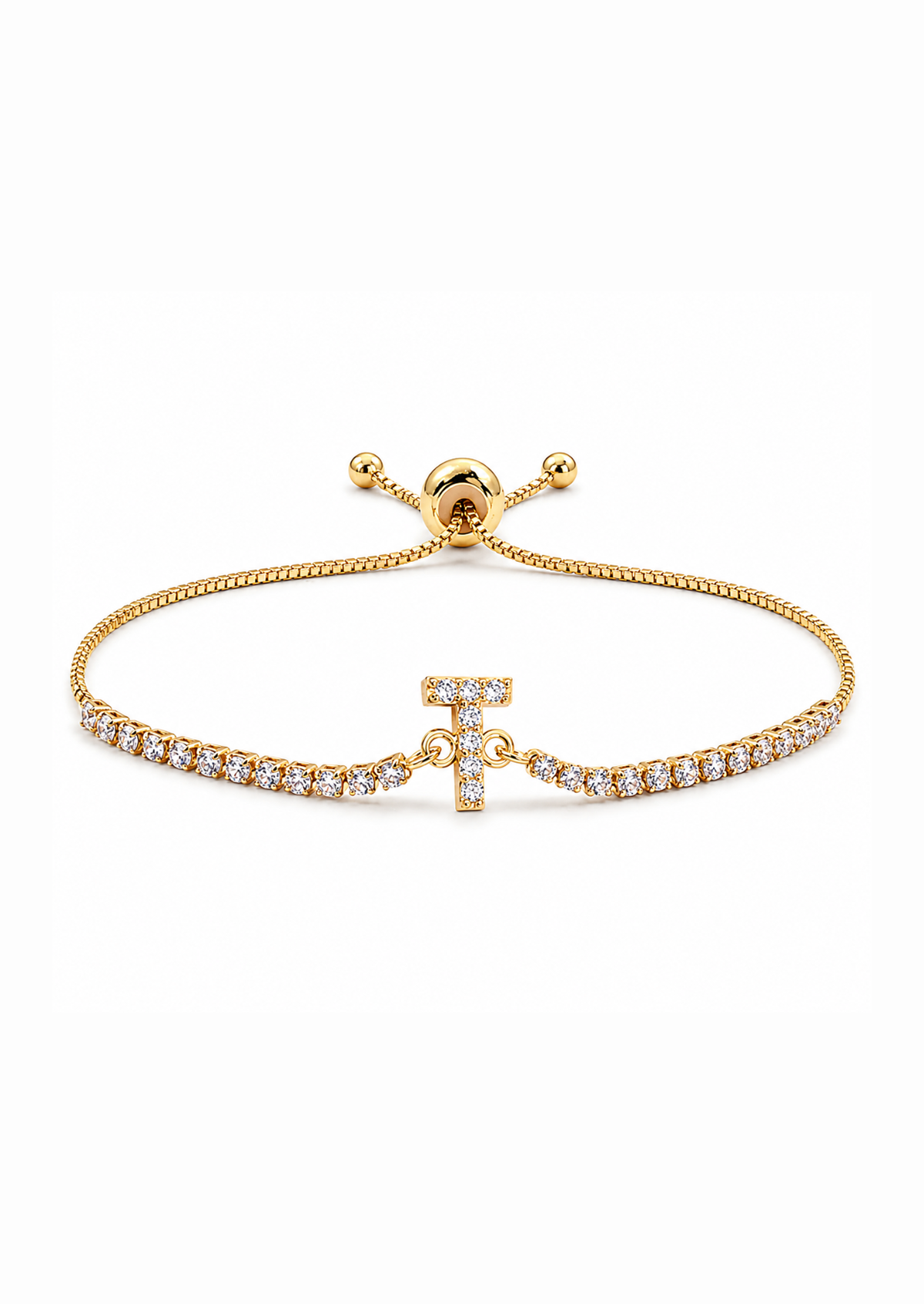 Pulseras ajustables con inicial tipo tenis chapa de oro