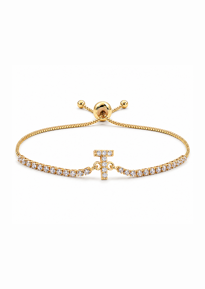 Pulseras ajustables con inicial tipo tenis chapa de oro