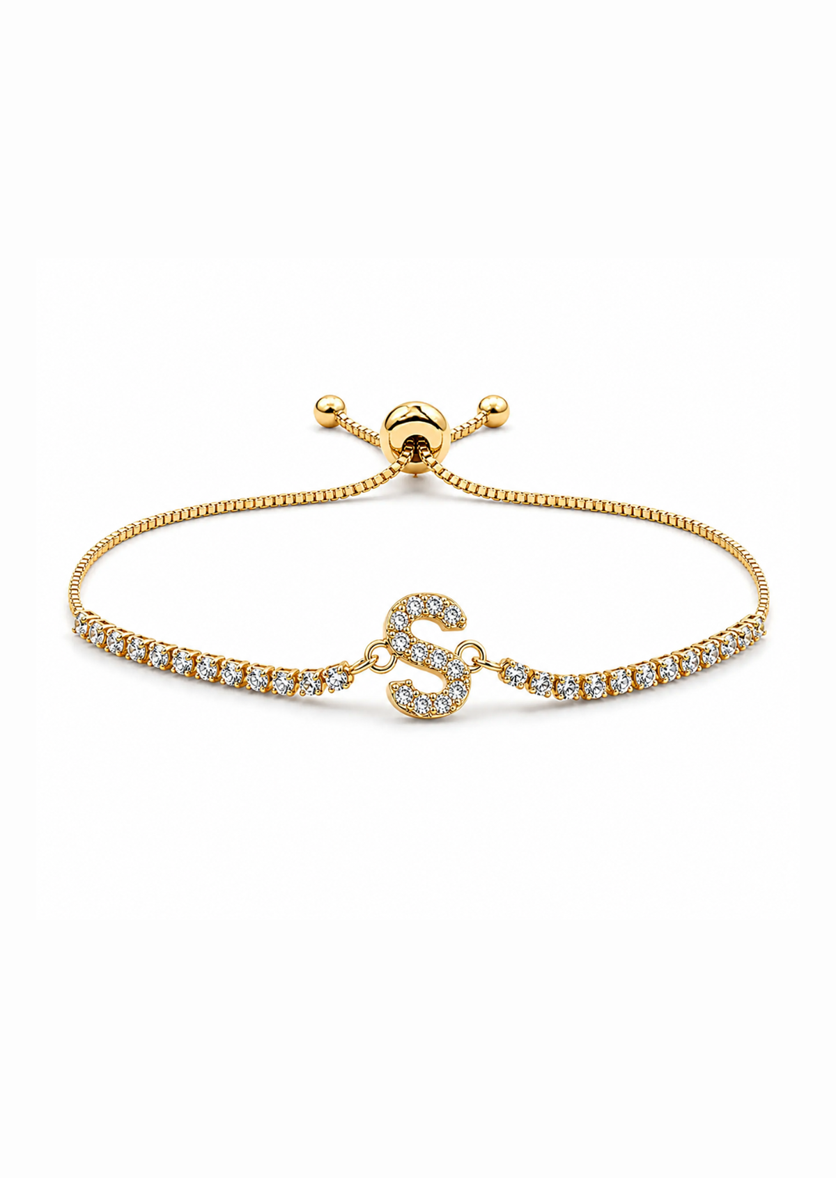 Pulseras ajustables con inicial tipo tenis chapa de oro