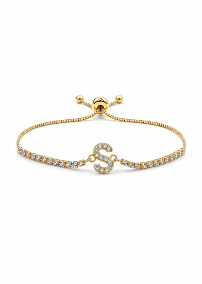 Pulseras ajustables con inicial tipo tenis chapa de oro