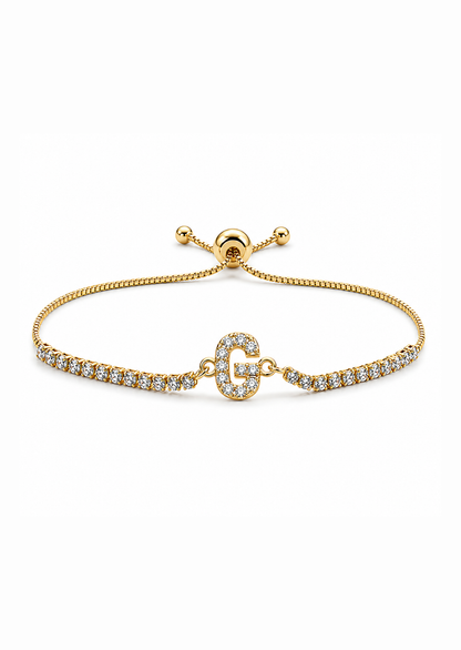 Pulseras ajustables con inicial tipo tenis chapa de oro