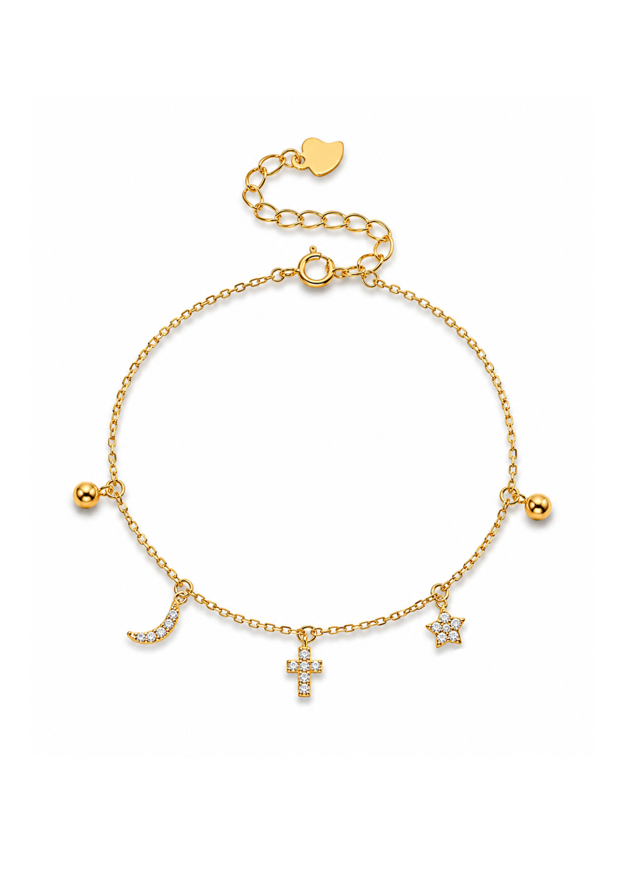 Pulsera con dijes de luna, cruz y estrella plata de ley 925