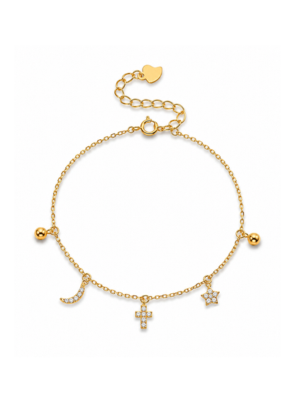 Pulsera con dijes de luna, cruz y estrella plata de ley 925