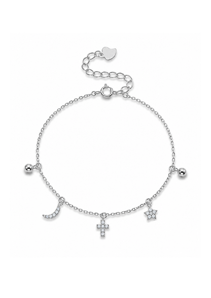 Pulsera con dijes de luna, cruz y estrella plata de ley 925