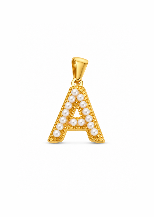 Dijes letras con perlas dorados acero inoxidable