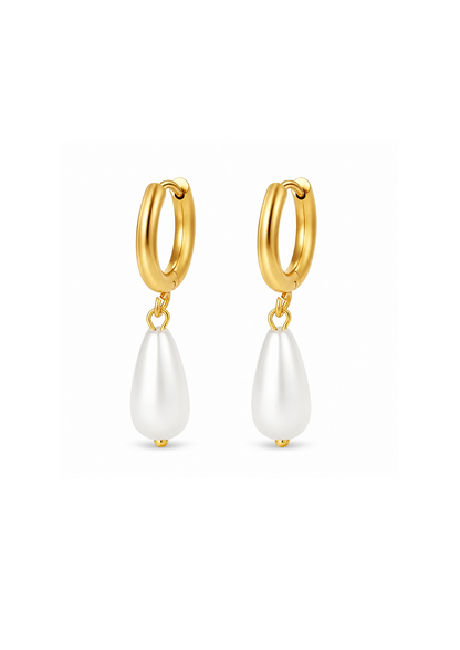 Aretes huggies con perla en gota acero inoxidable 304 Waterproof 💧