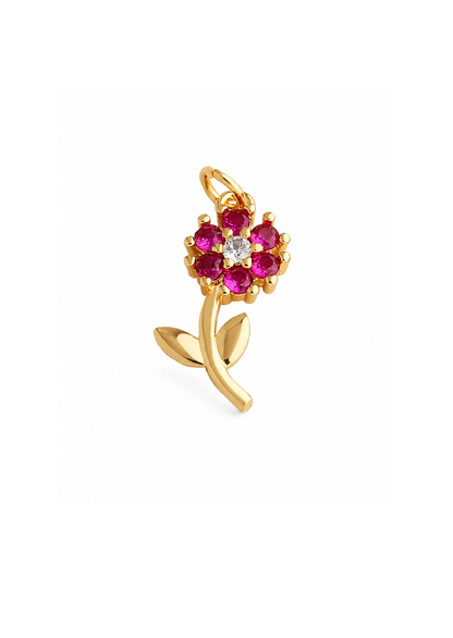 Dije flor pétalos rosas con tallo y hojas chapa de oro 18k