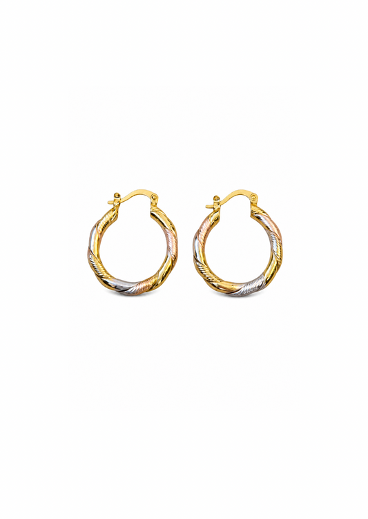 Aretes arracadas trenzada tricolor baño de oro