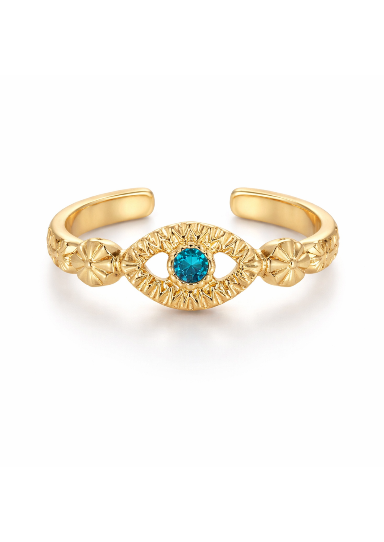 Anillo ojo con piedra azul chapa de oro
