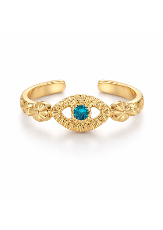 Anillo ojo con piedra azul chapa de oro