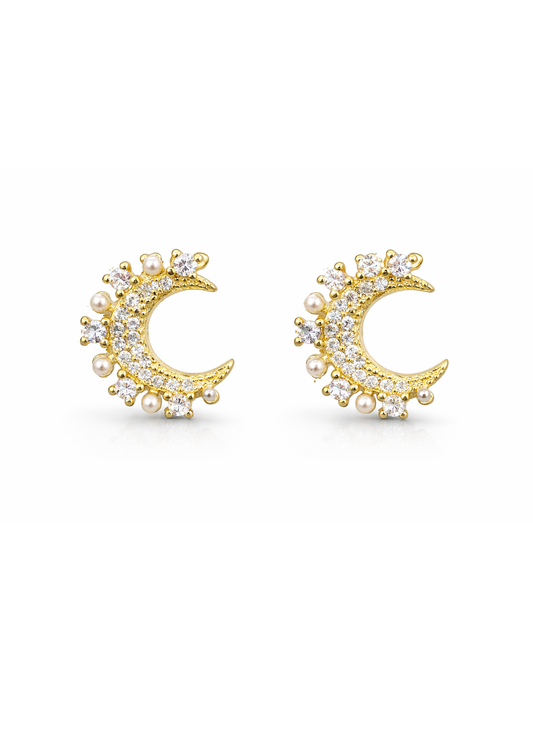 Aretes luna con perlas y circón acero inoxidable