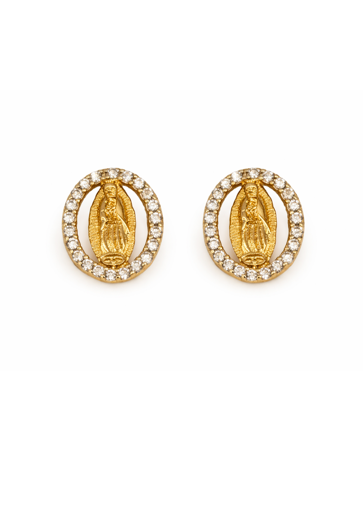 Aretes ovalados virgen de Guadalupe con zirconias chapa de oro