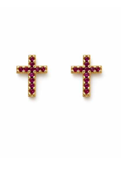 Aretes cruces con zirconias rosas chapa de oro