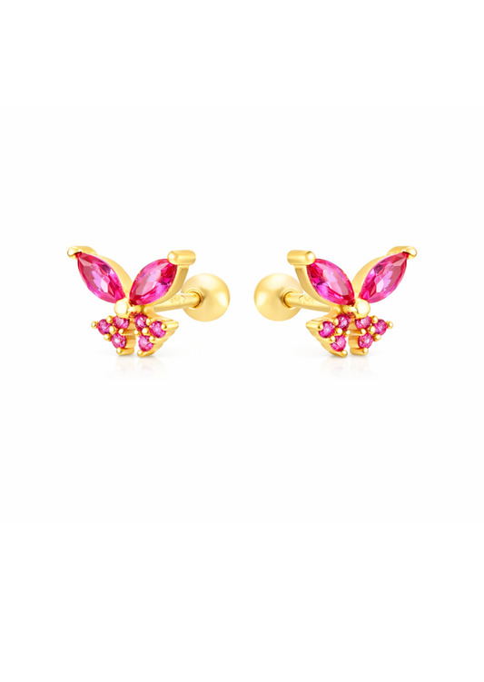 Aretes mariposa rosa con zirconias chapa de oro