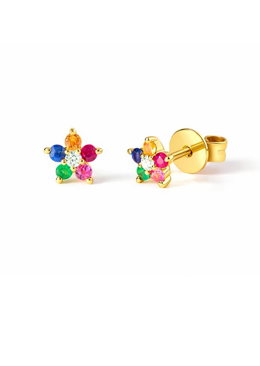 Aretes flor mini multicolor chapa de oro