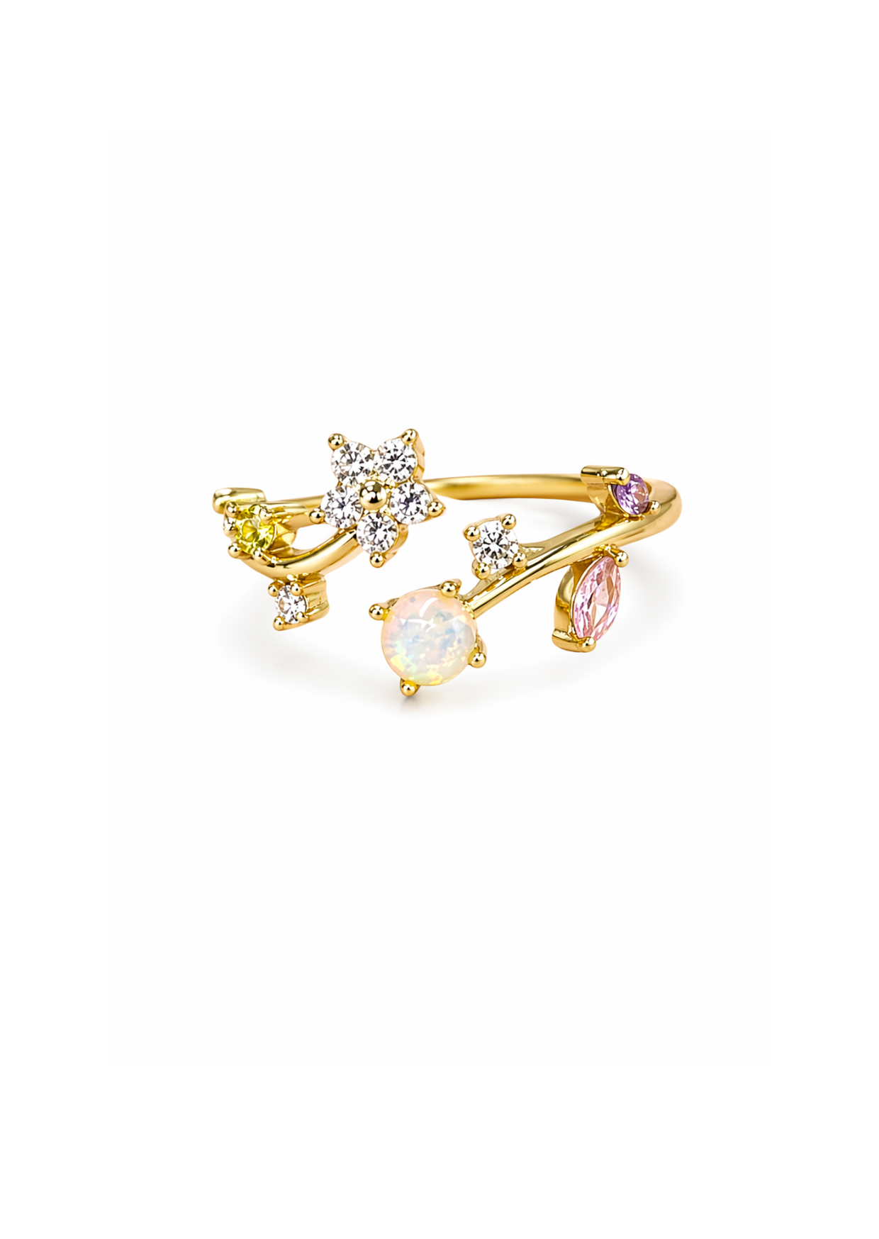 Anillo ajustable flor multicolor con ópal chapa de oro