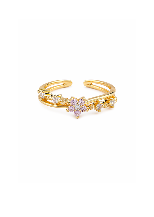 Anillo ajustable flor rosa con zirconias banda doble chapa de oro