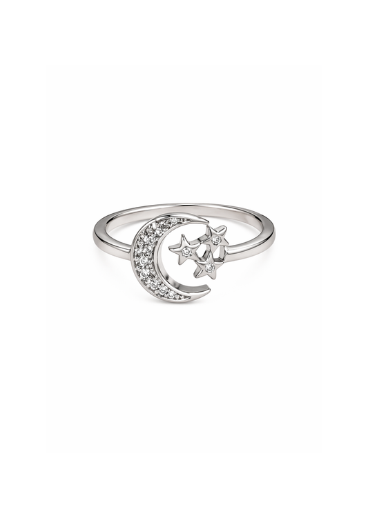 Anillo media luna con estrellas plateado chapa de oro