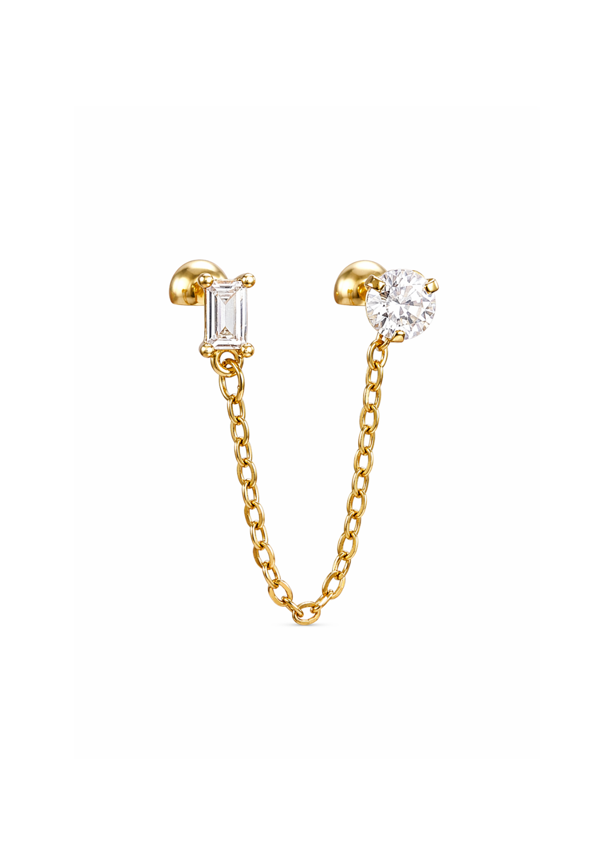 Arete piercing con cadena zirconia baguette y redonda acero inoxidable