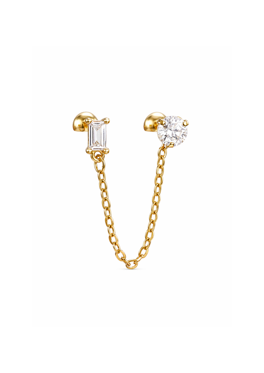 Arete piercing con cadena zirconia baguette y redonda acero inoxidable