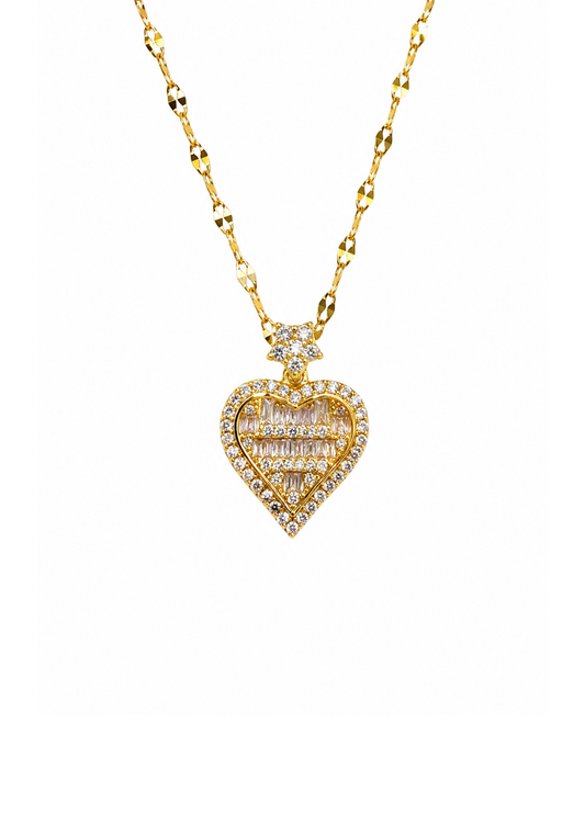 Collar corazón con flor baguette zirconias acero inoxidable