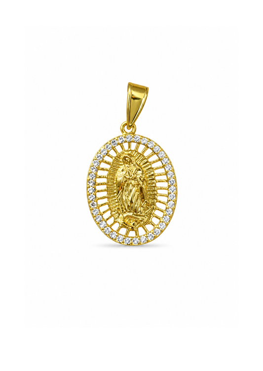 Dije medalla oval virgen de Guadalupe con zirconias acero inoxidable