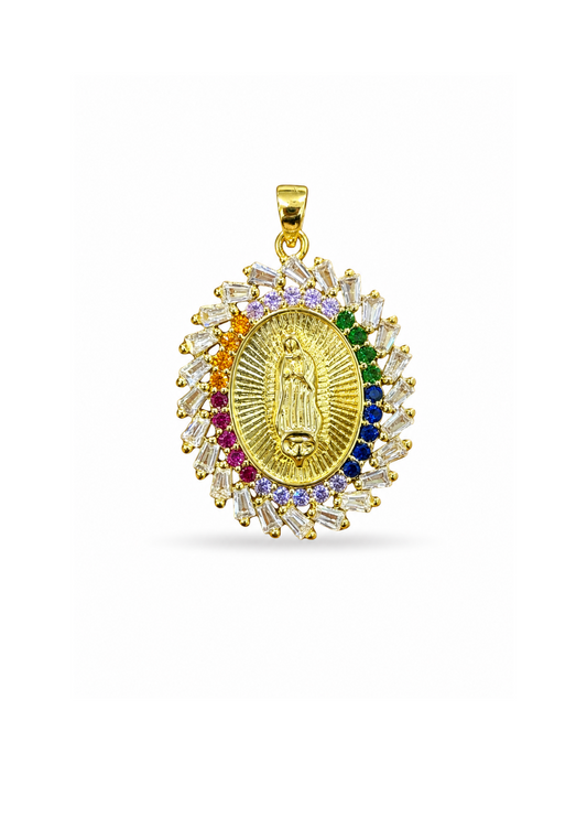 Dije medalla virgen de Guadalupe zirconias colores acero inoxidable