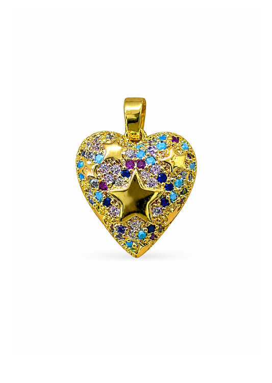 Dije corazón dorado con zirconias de colores acero inoxidable