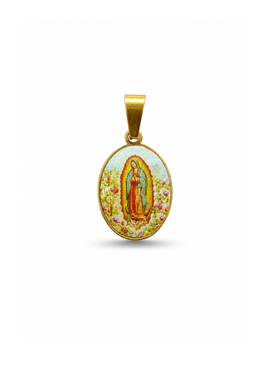 Dije ovalado de la Virgen de Guadalupe acero inoxidable