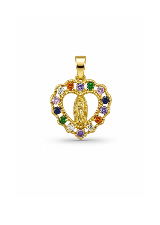 Dije corazón guadalupe zirconias de colores acero inoxidable