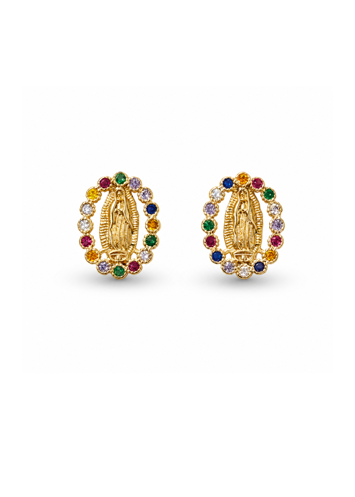 Aretes ovalados virgen de Guadalupe con zirconias chapa de oro