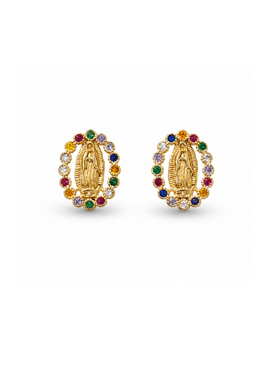 Aretes ovalados virgen de Guadalupe con zirconias chapa de oro