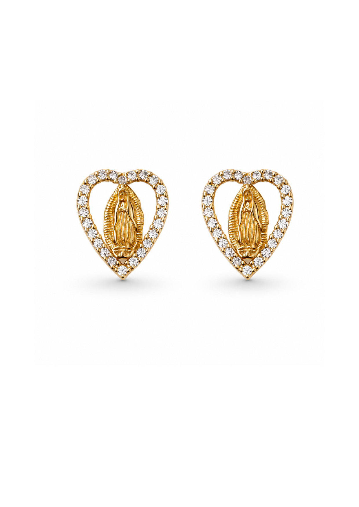 Aretes corazón virgen de Guadalupe con zirconias chapa de oro