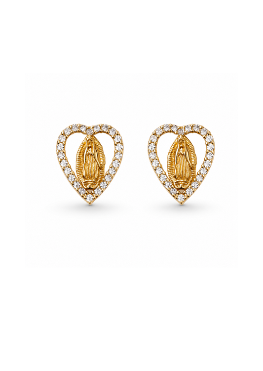 Aretes corazón virgen de Guadalupe con zirconias chapa de oro