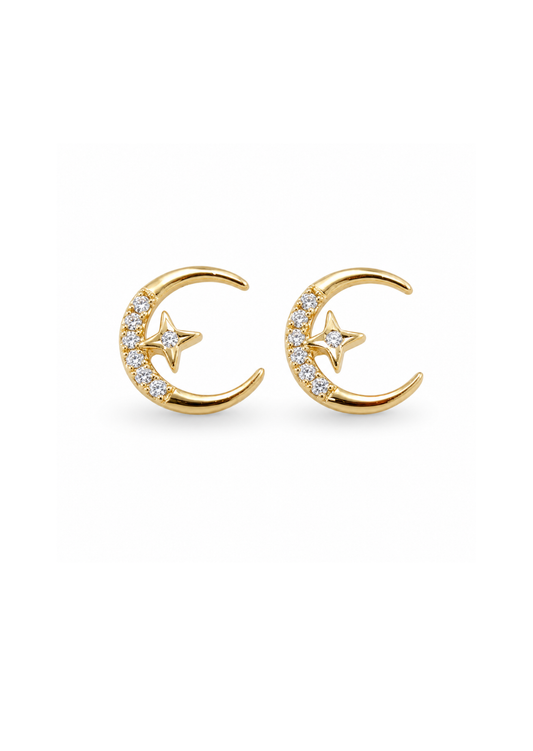 Aretes Luna menguante con estrella chapa de oro