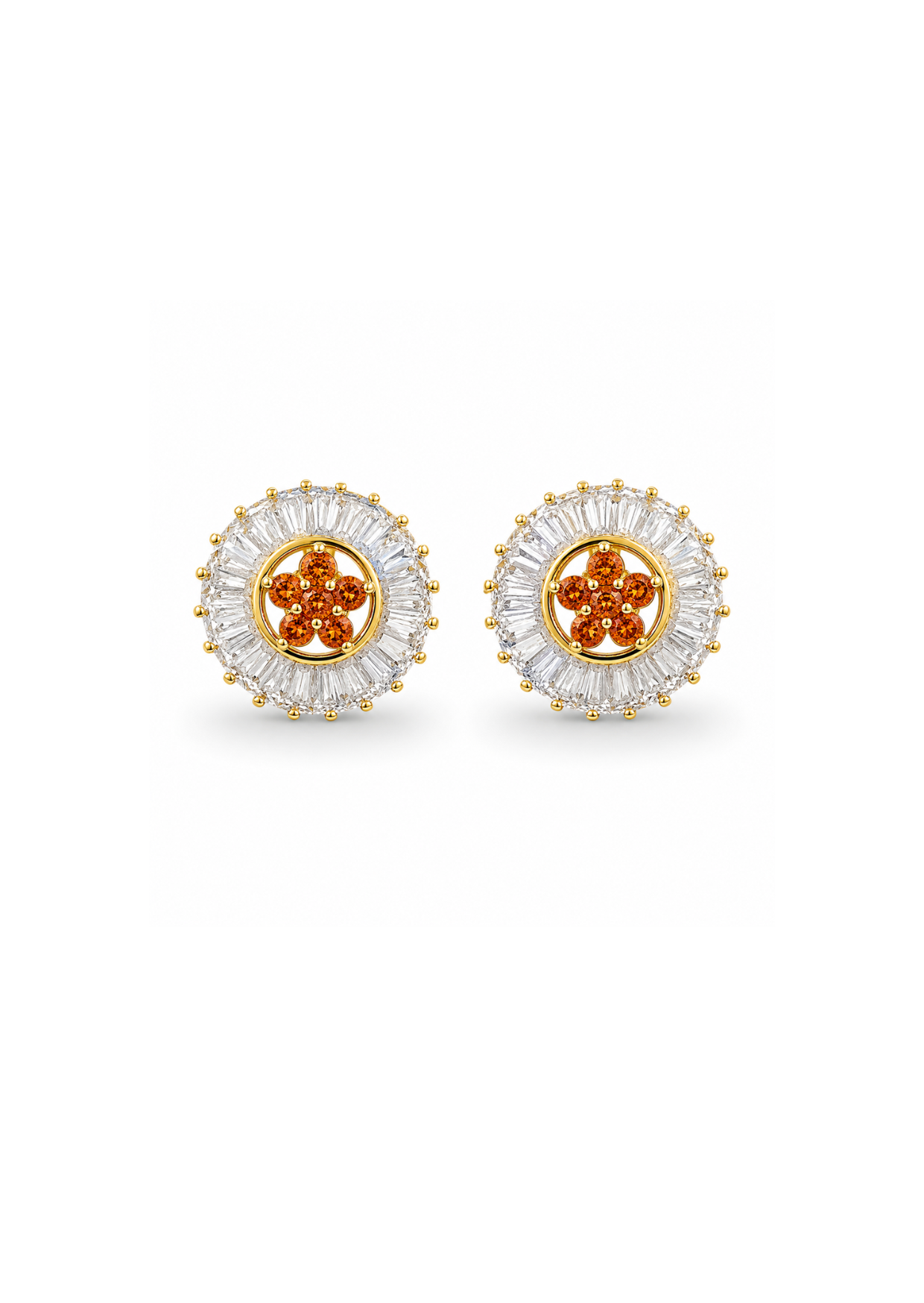 Aretes de corona radial en baguette con flor chapa de oro