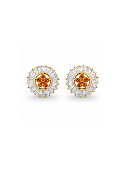 Aretes de corona radial en baguette con flor chapa de oro