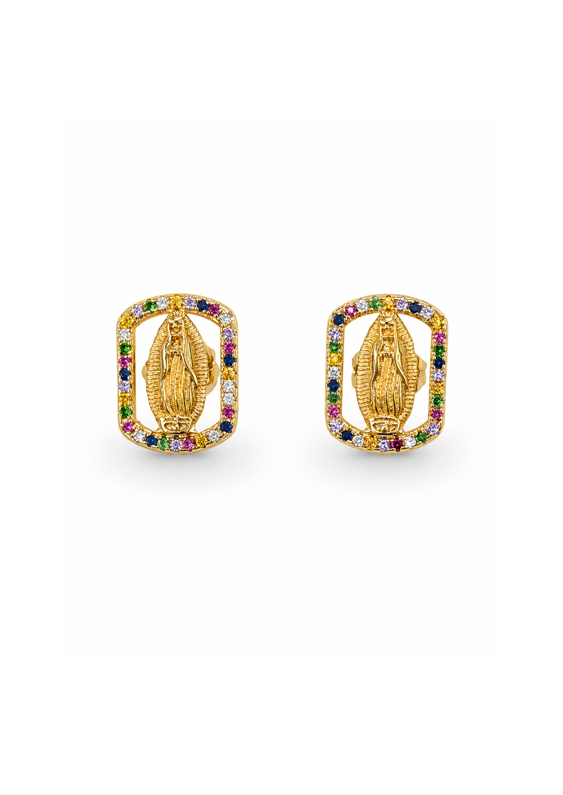 Aretes rectangulares virgen de Guadalupe con zirconias chapa de oro